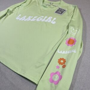Lakegirl Girls‎ Swim Rashguard long sleeve Med Lime Green 70's Sleeve Detail New
